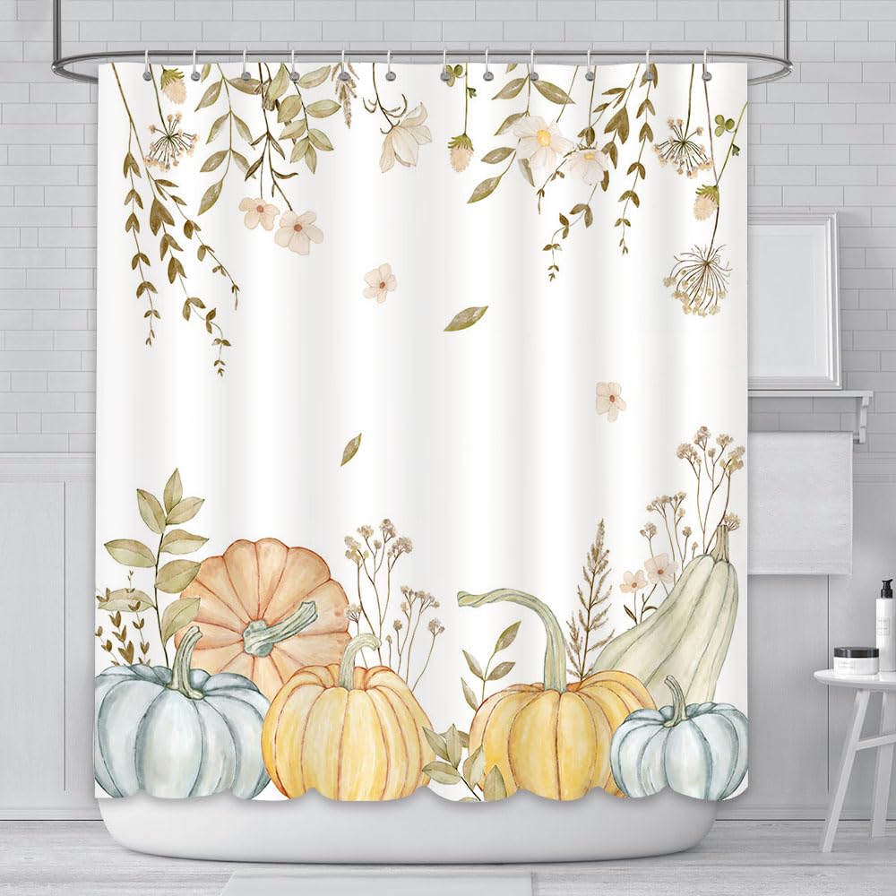 AIBIIN Autumn Pumpkin Shower Curtain Floral Leaves Harvest Bath Curtains Durable Waterproof Mould Proof Polyester Material with 12 Hooks 180x180cm