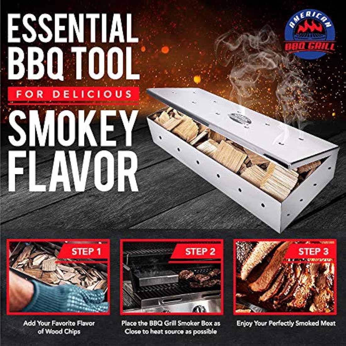 American BBQ Grill Smoker Box - For Smoking Wood Chips and Woodchips - Heavy Duty Stainless Steel - Smoky Flavor Grilled Meat and Fish - For Gas and Charcoal Grill - Perfect Smokebox Gift for Him