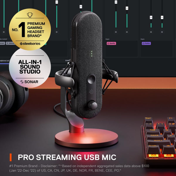 SteelSeries Alias USB Mic for PC — 3x Bigger Capsule for Gaming, Streaming and Podcasting — Sonar for Streamers Audio Software — AI Noise Cancelling — LED Mute & Level Monitoring — Shock Mount - Black