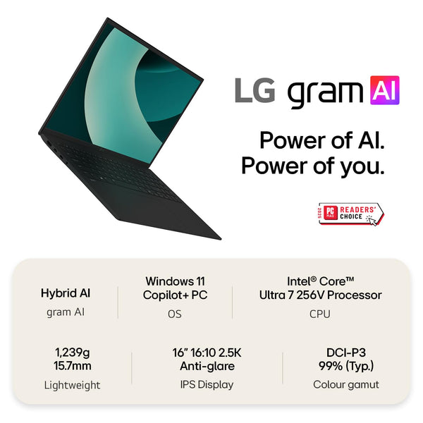 LG gram 16Z90TL - 16 Inch 2.5K IPS Ultra-Lightweight Laptop, Intel Core Ultra 7 256V 47TOPS NPU - EVO Edition, 16GB RAM, 1TB SSD, Windows 11 Home, gram Hybrid AI, Copilot+ PC, Black (2025)