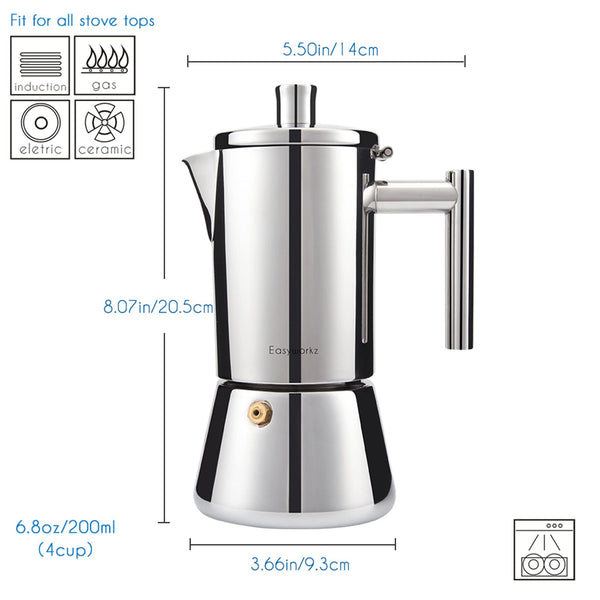Easyworkz Diego Stovetop Espresso Maker Stainless Steel Italian Coffee Machine Maker 4cup 200ml Induction Moka Pot