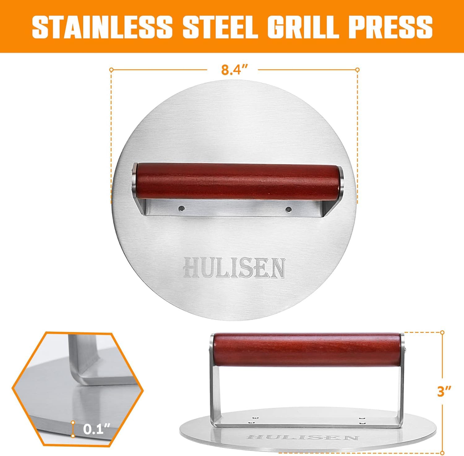 HULISEN 8.5-Inch Burger Press, 2.5 lbs Heavy Duty Bacon & Grill Press, Stainless Steel Smashed Burger Press, Round Smasher with Wood Handle, BBQ Griddle Accessories for Hamburger, Steak, Meat…
