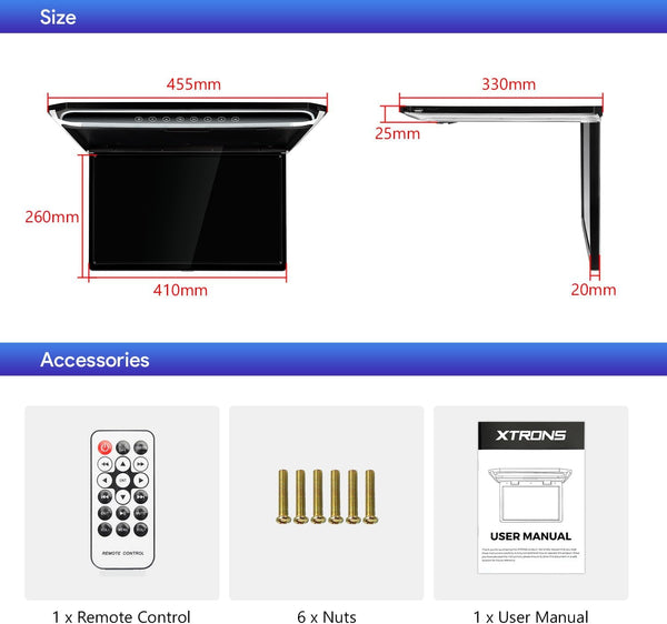 [New] XTRONS 17.3 Inch 16:9 Ultra-thin FHD Digital TFT Screen 1080P Video Car Overhead Player Roof Mounted Monitor Built-in HDMI/SD/USB/Infrared/FM Port