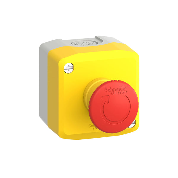 Schneider Electric Control station, plastic, yellow lid, 1 red mushroom push button Ø40, key release, 1 NO + 2 NC