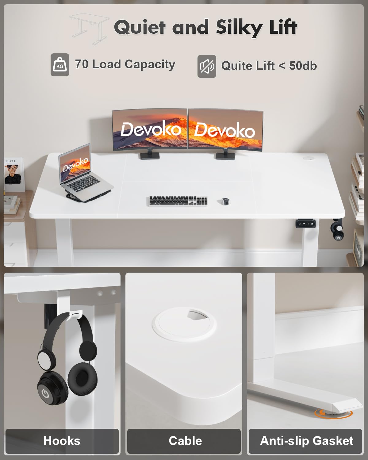 Devoko Electric Standing Desk 120x60cm Sit Stand Table Height Adjustable with Backpack Hook and Memory Smart Pannel, Home Office, White