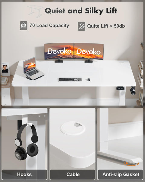 Devoko Electric Standing Desk 120x60cm Sit Stand Table Height Adjustable with Backpack Hook and Memory Smart Pannel, Home Office, White