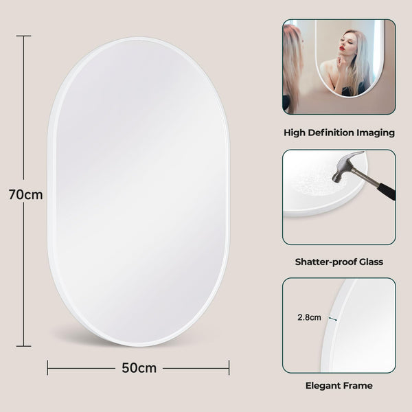 Dripex 50 x 70cm Oval Mirror, Wall Mounted Bathroom Mirror, Horizontal or Vertical Hanging Wall Mirror for Living Room, Bedroom, Entryway, White