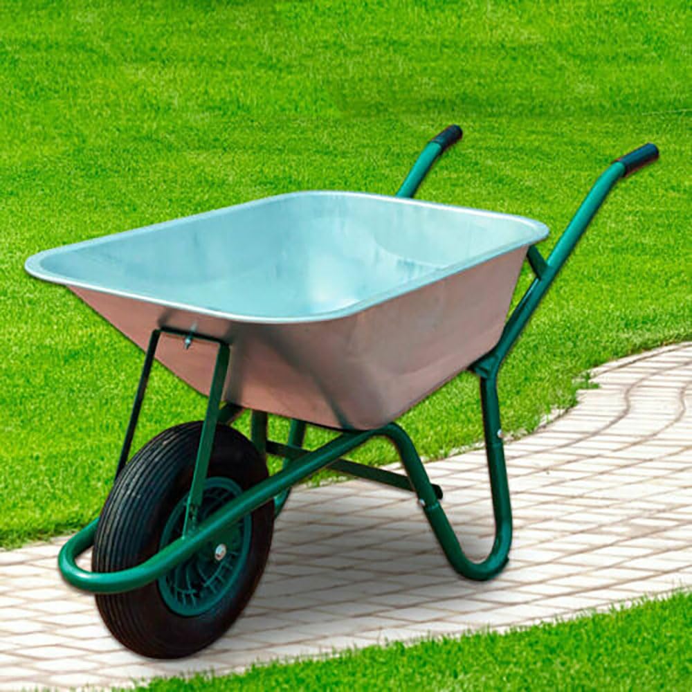 Neo Wheelbarrow Home Garden Cart Galvanised with Pneumatic Tyre (65L), Silver