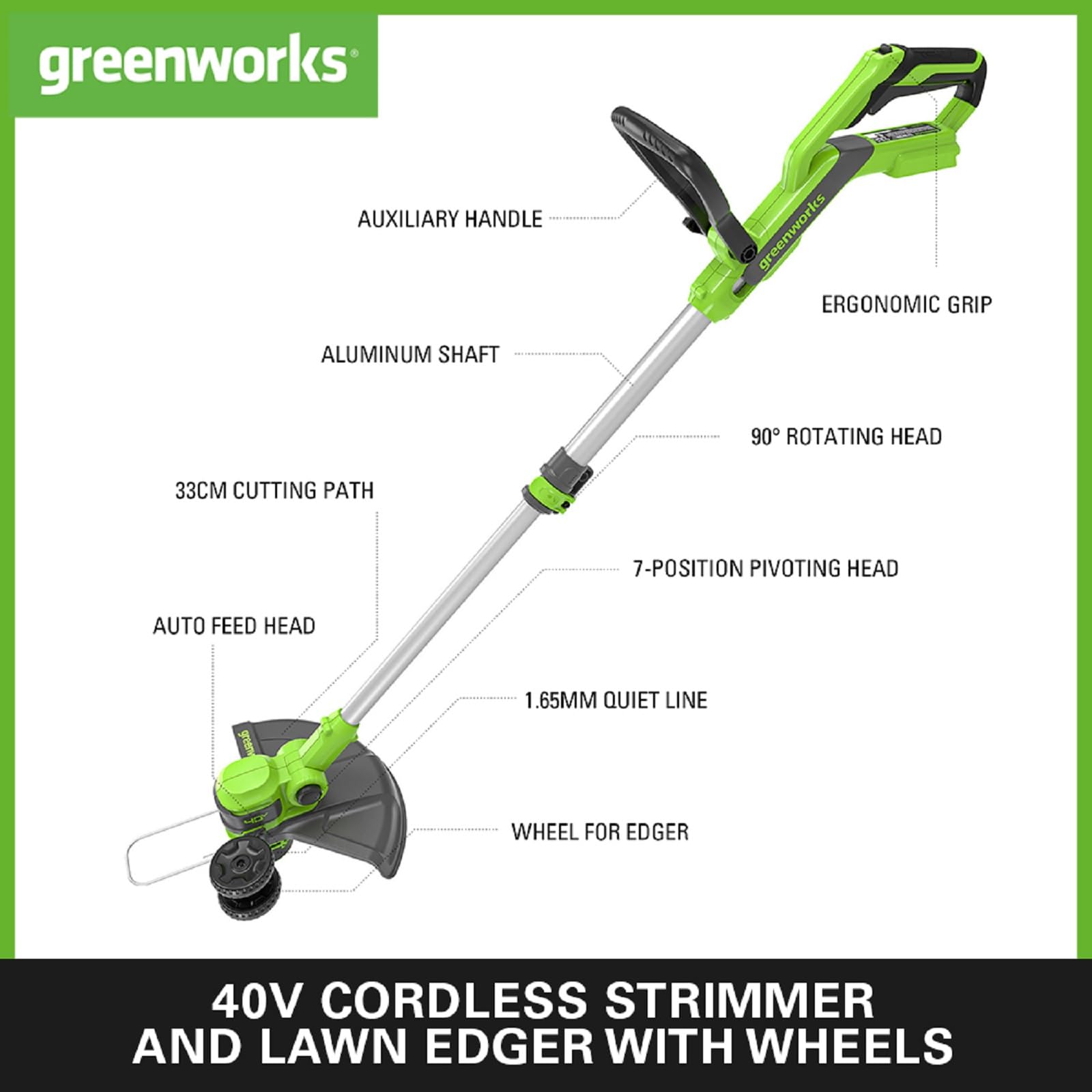 Greenworks 40V Cordless Strimmer Lawn Edger With Wheel For Small To Medium Gardens, 33cm Cutting Width, Autofeed 1.65mm Nylon Line, WITHOUT 40V
