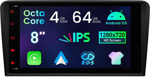 XTRONS 8" Android Car Stereo 4+64GB Radio Player for Audi A3 8P S3 8P RS3 Sportback, Built-in IPS Screen DSP 4G Wireless CarAuto Play GPS Navigation Bluetooth WiFi Cooling System, Optional DAB+