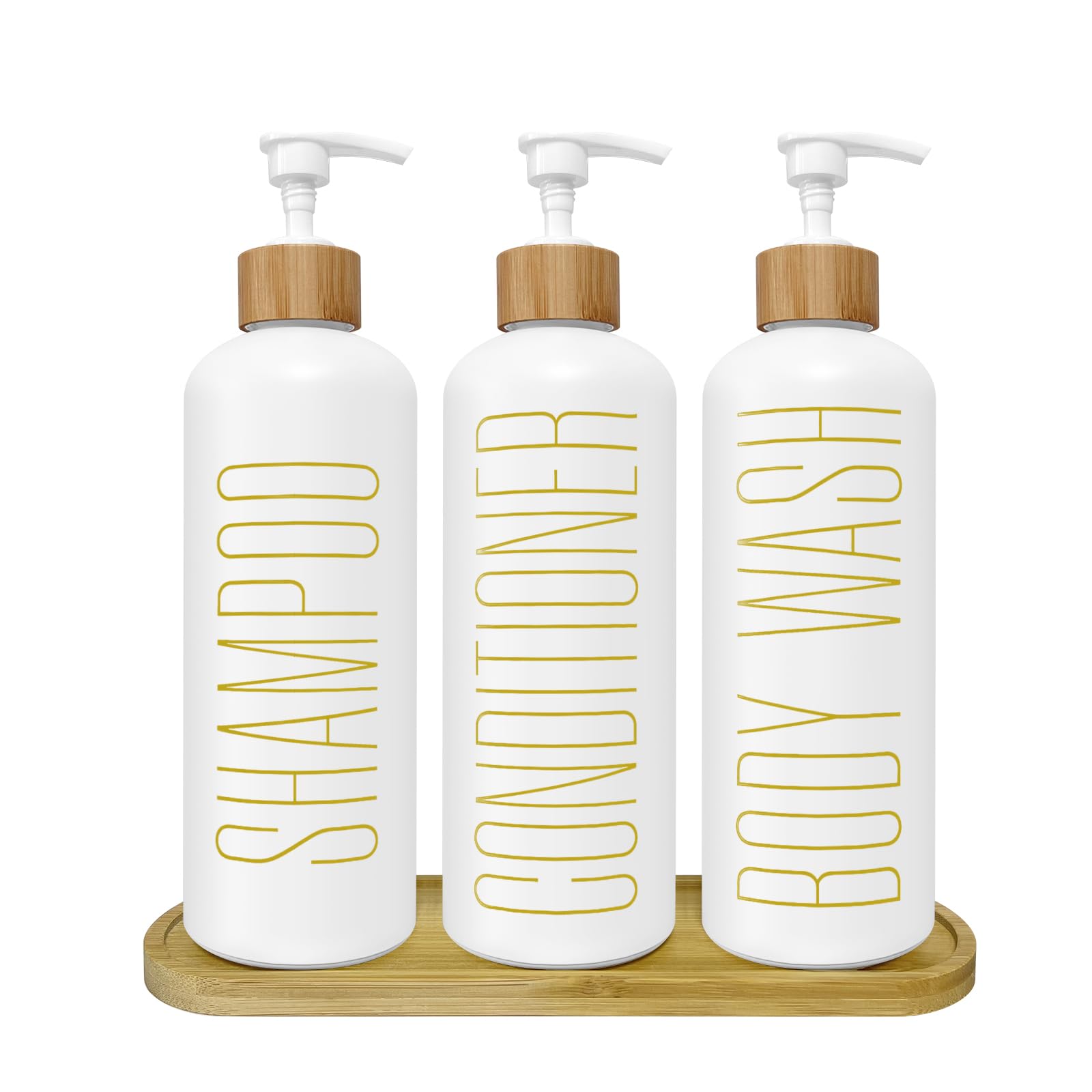 White Glass Shampoo & Conditioner Dispenser Set with Bamboo Pumps & Tray - 3 Refillable Bottles for Shower, Pre-Labelled for Body Wash, Shampoo,