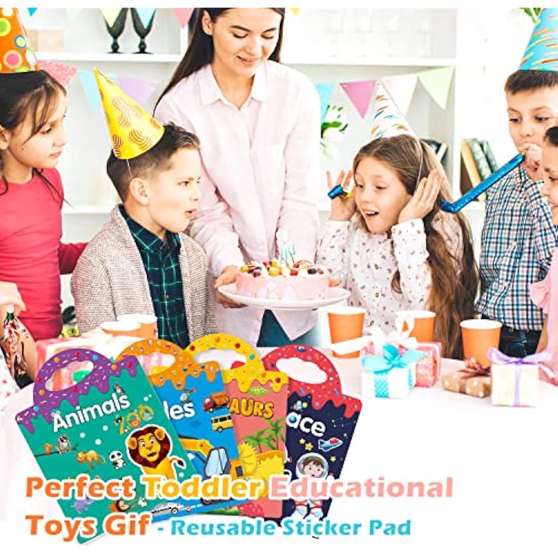 GUYUCOM 4 Pack Reusable Sticker Books, Toys for Age 3 4+ Year Old Kids Boys Girls Toddlers, 3D Clear Animal Space Vehicles Dinosaur Sticker Book Educational Learning Toy Birthday Gifts