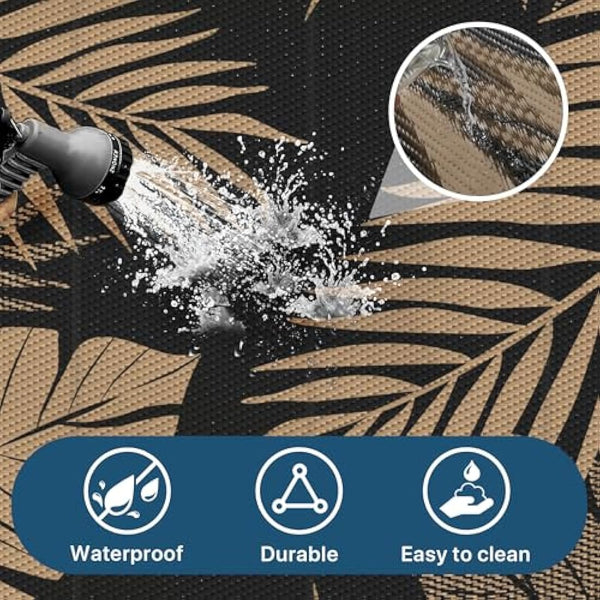 GENIMO Outdoor Rug 275 x 365 cm – Extra Large Waterproof Reversible Garden Rugs, UV Resistant & Washable Plastic Carpet for Patio, RV, Picnic, Backyard, Balcony – Black & Brown