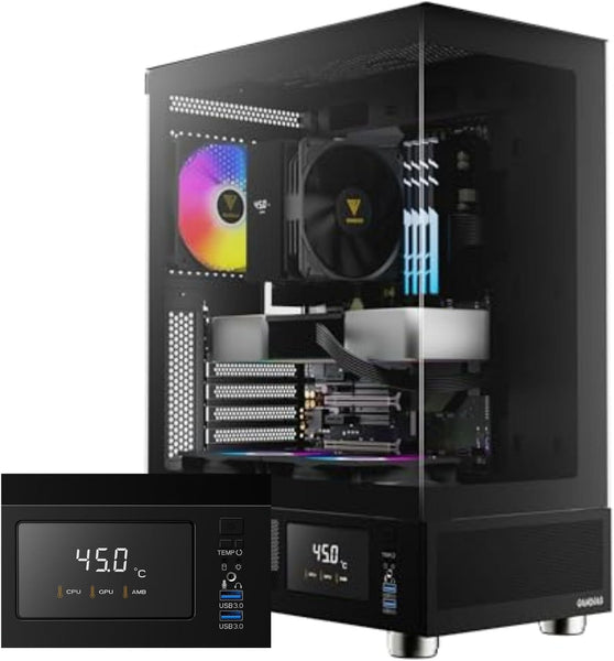 GAMDIAS ATLAS E1 Gaming ATX Mid Tower Computer PC Case, Customizable Digital Monitor w/ Software, 3 x 120mm ARGB Fans, Panoramic Tempered Glass Display, Perforated Airflow Vent PSU Chamber, Black