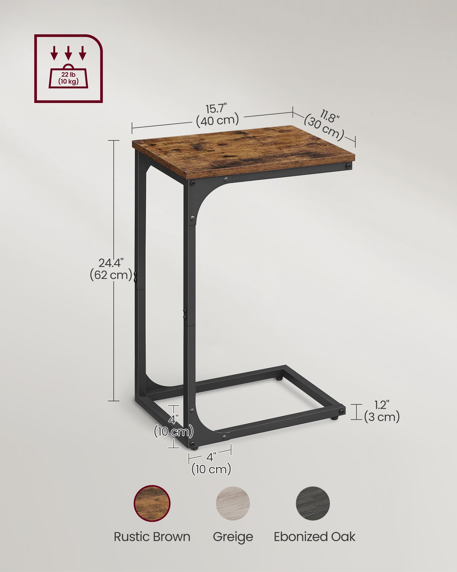 VASAGLE C-Shaped Side Table, Bedside Table, Sofa Side Table, Coffee Table, with Metal Frame, Industrial, for Living Room, Bedroom, Rustic Brown and Black LET350B01