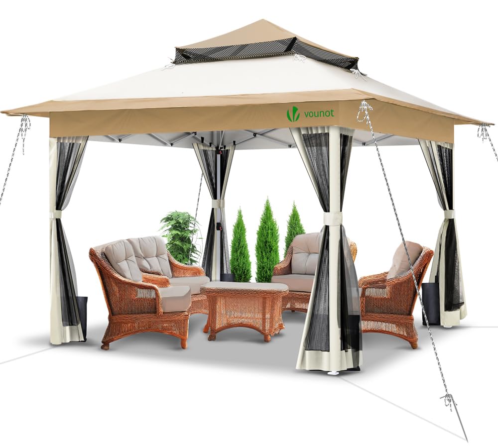 VOUNOT® 3.6m x 3.6m Pop Up Gazebo with Mesh Sides, Garden Double Roof Marquee Party Tent with Leg Weights & Roller Bag, Grey