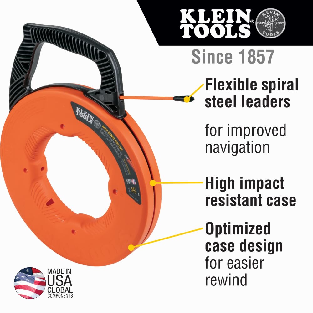 KLEIN TOOLS 56382 Fish Tape, Multi-Groove Fiberglass Wire Puller with Nylon Tip, Optimized Housing and Handle,Orange/Black, 15 m