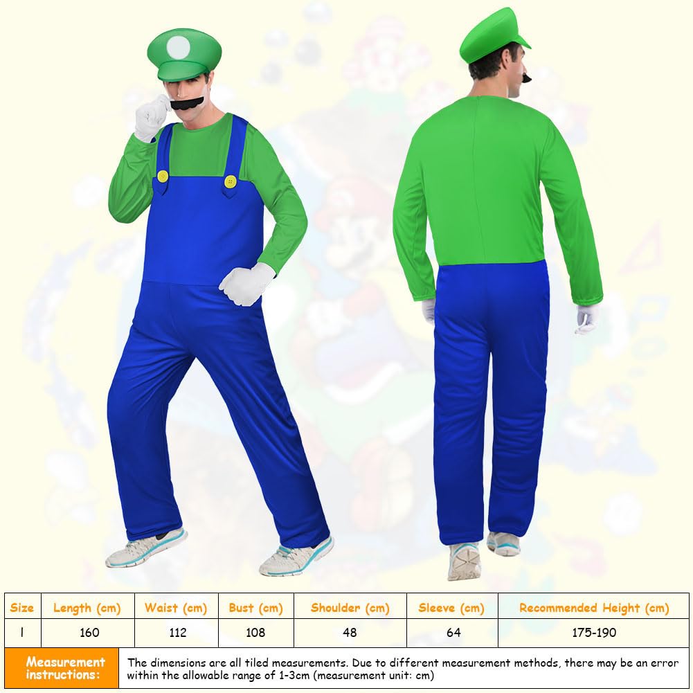 Aomig Mario Costumes, 4 Pack Mario Cosplay Costume Accessories Kits with Bodysuit, Luigi Hats Cap, Mustaches, White Gloves, Mario Luigi Bros Fancy Dress Outfit Costume for Women Men