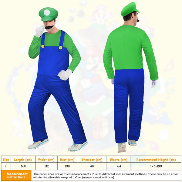 Aomig Mario Costumes, 4 Pack Mario Cosplay Costume Accessories Kits with Bodysuit, Luigi Hats Cap, Mustaches, White Gloves, Mario Luigi Bros Fancy Dress Outfit Costume for Women Men