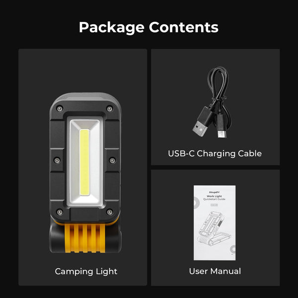 BougeRV WL01 PRO Work Light Rechargeable, 1500 Lumens Magnetic Inspection Light, Portable Lamp with 180° Rotating Stand & Hook, Multiple Lighting Modes for Car Repair, Camping, Outdoor, Emergency