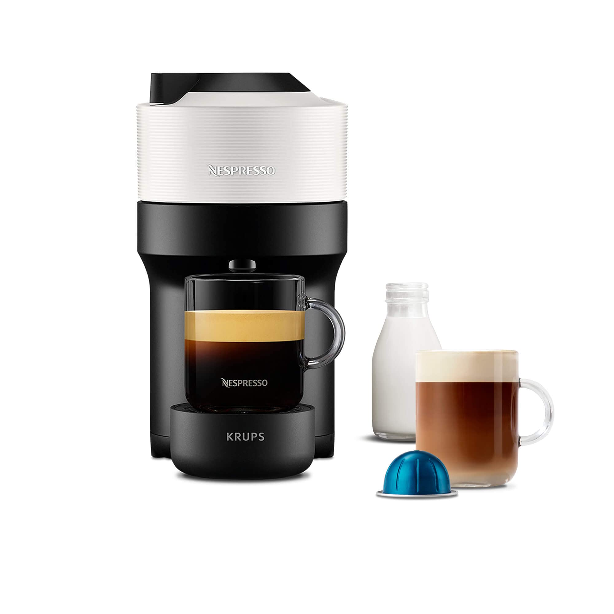 Nespresso Coffee Machine Barista Bundle includes Vertuo Pop White by Krups, Milk Frother, 2x Mugs, 2 x spoons, Melozio coffee pods & Chiaro coffee pods
