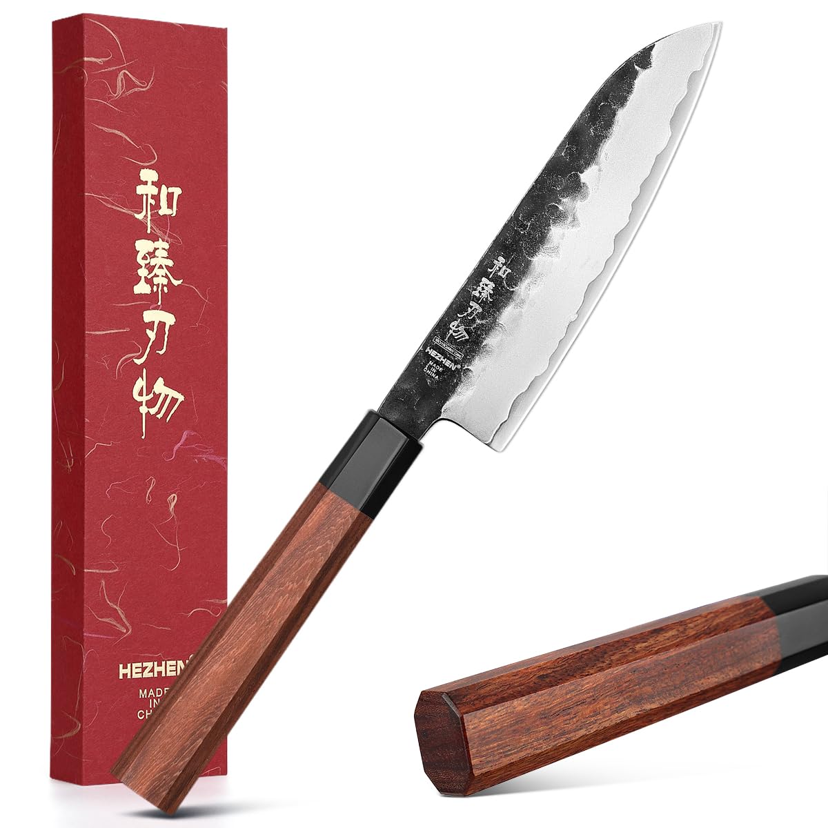 HEZHEN 5.5 Inch Santoku Knife, All-Purpose Ultra Sharp Japanese Style Gyuto Knife, Redwood Octagonal Handle
