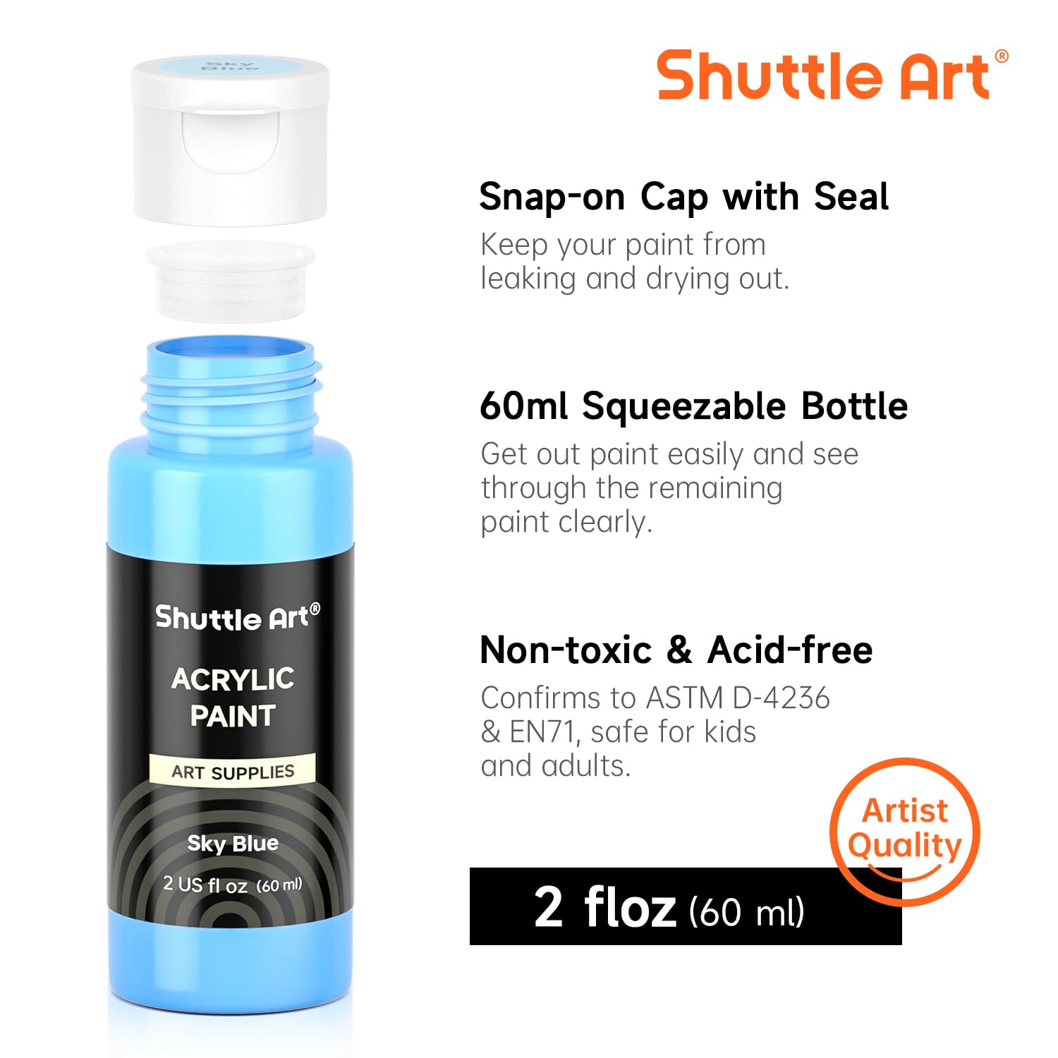 Shuttle Art 72 Pack Acrylic Paints Set, 60 Colours Acrylic Paint (2oz,60ml) with Extra White Black & 12 Brushes, Rich Pigmented, Water Proof, Ideal