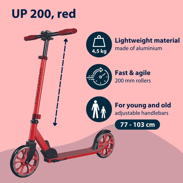 HUDORA Scooter Up 200 - Quiet aluminium scooter for up to 100kg - Adjustable in height & foldable kick scooter - Jolt-free kick scooter for children /