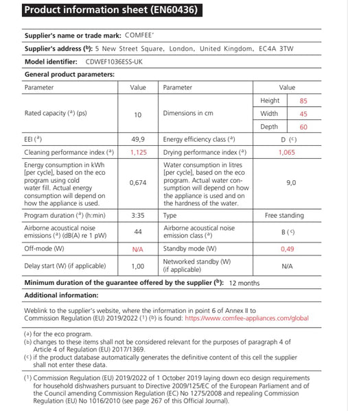 COMFEE' Freestanding Dishwasher CDWEF1034BW-UK 45cm Width, Slimline Dishwasher with 10 place settings, Quick Wash, Hygiene Wash, Delay Start, Half Load, Adjustable Basket - White