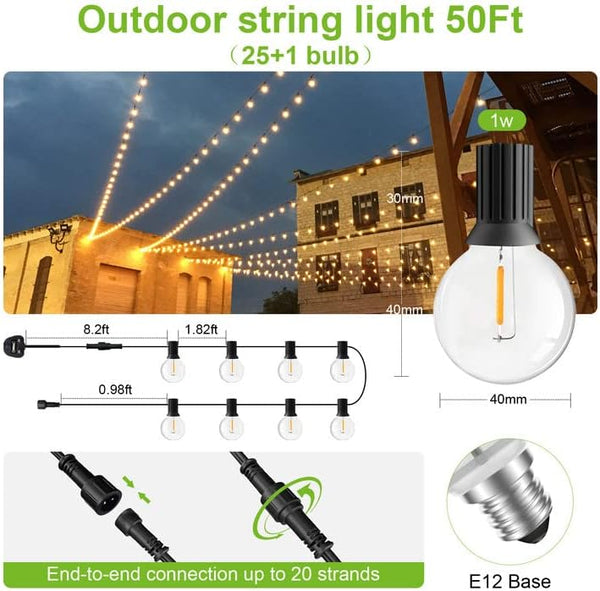 Outdoor String Lights, 15M/50FT 25+1 LED Outdoor Lights Mains Powered, G40 Plastic Shatterproof Led Garden String Bulbs for Outside, Pergola, Yard, Wedding, Christmas, Backyard, Party, Patio