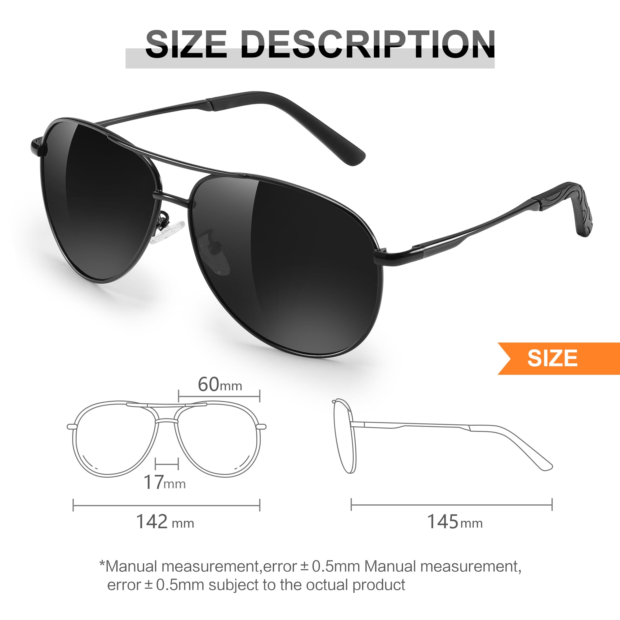 Pilot Men's Polarized Sunglasses - Unisex UV400 Protection Black Sunglasses for Driving, Fishing, Running - Classic Ultra Light Shades