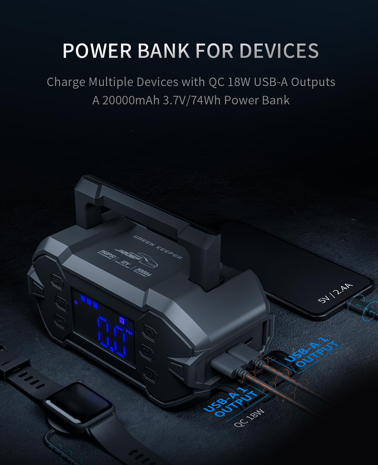 Jump Starter Power Pack Car Battery Starter 2000A 12V for 7.0L Gas & 6.5L Diesel with 12V/6A Output Extension Port, Portable Car Battery Booster 16000mAh Power Bank, High-Efficiency for All Weather