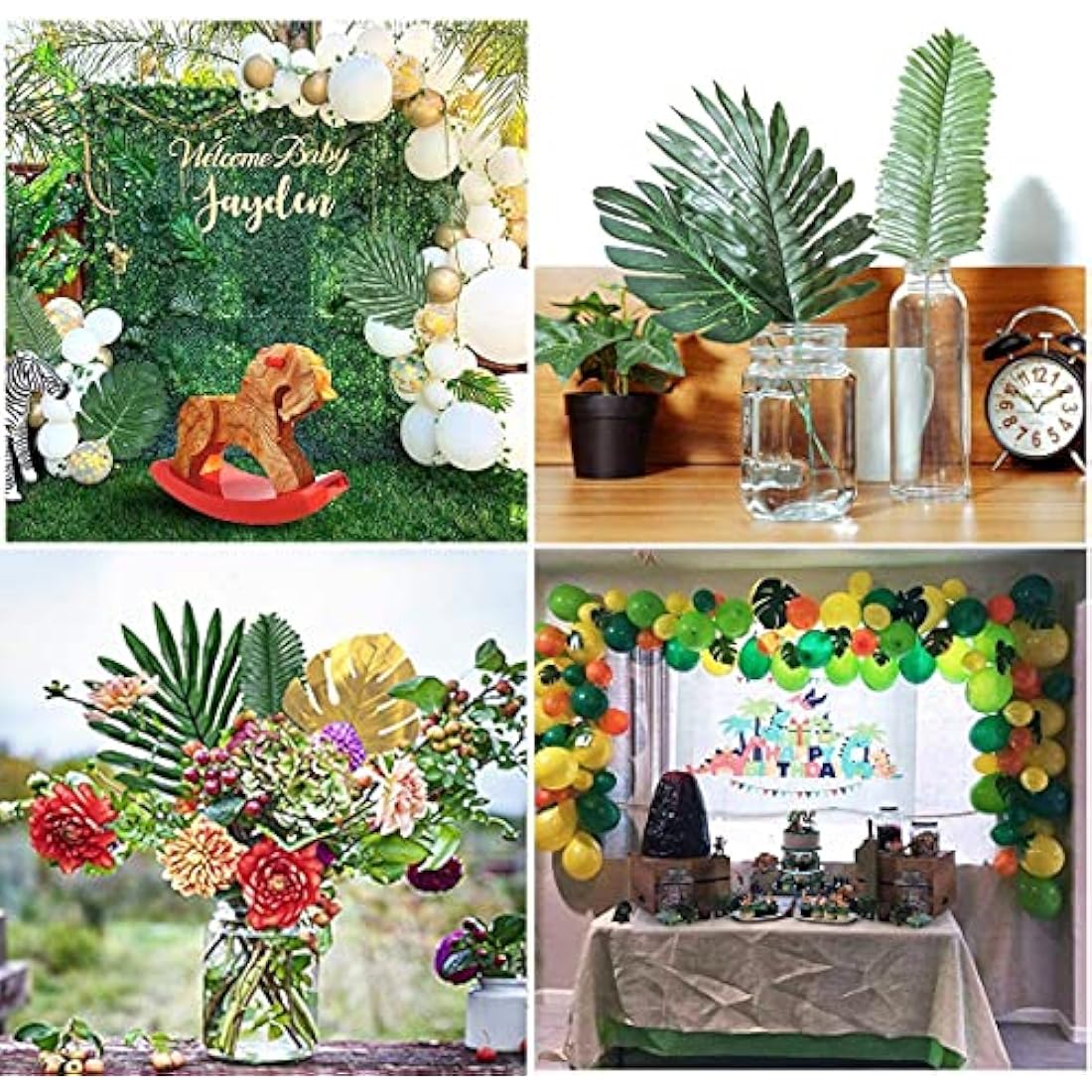 90 Pieces 11 Kinds Fake Leaves Monstera LeavesArtificial Palm Leaves Tropical Party Decorations Jungle Safari Leaves With Faux Stem For Hawaiian Luau Party Jungle Beach Table Leave Decorations