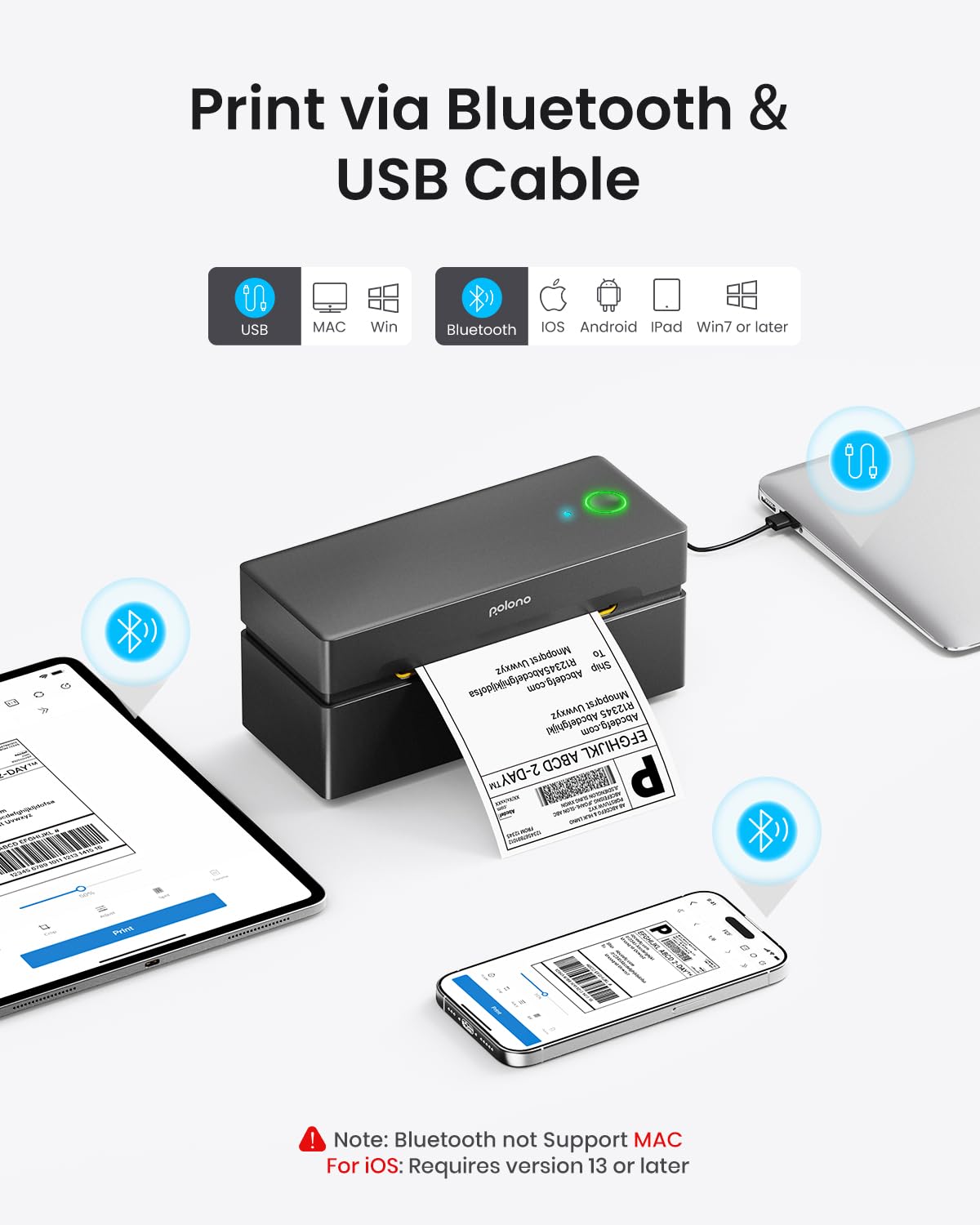 POLONO Bluetooth Thermal Shipping Label Printer, Wireless 4x6 Shipping Label Printer for Small Business, Support iOS, Android, Windows and Mac, Compatible with Amazon, Ebay, Shopify, Etsy, USPS (Grey)