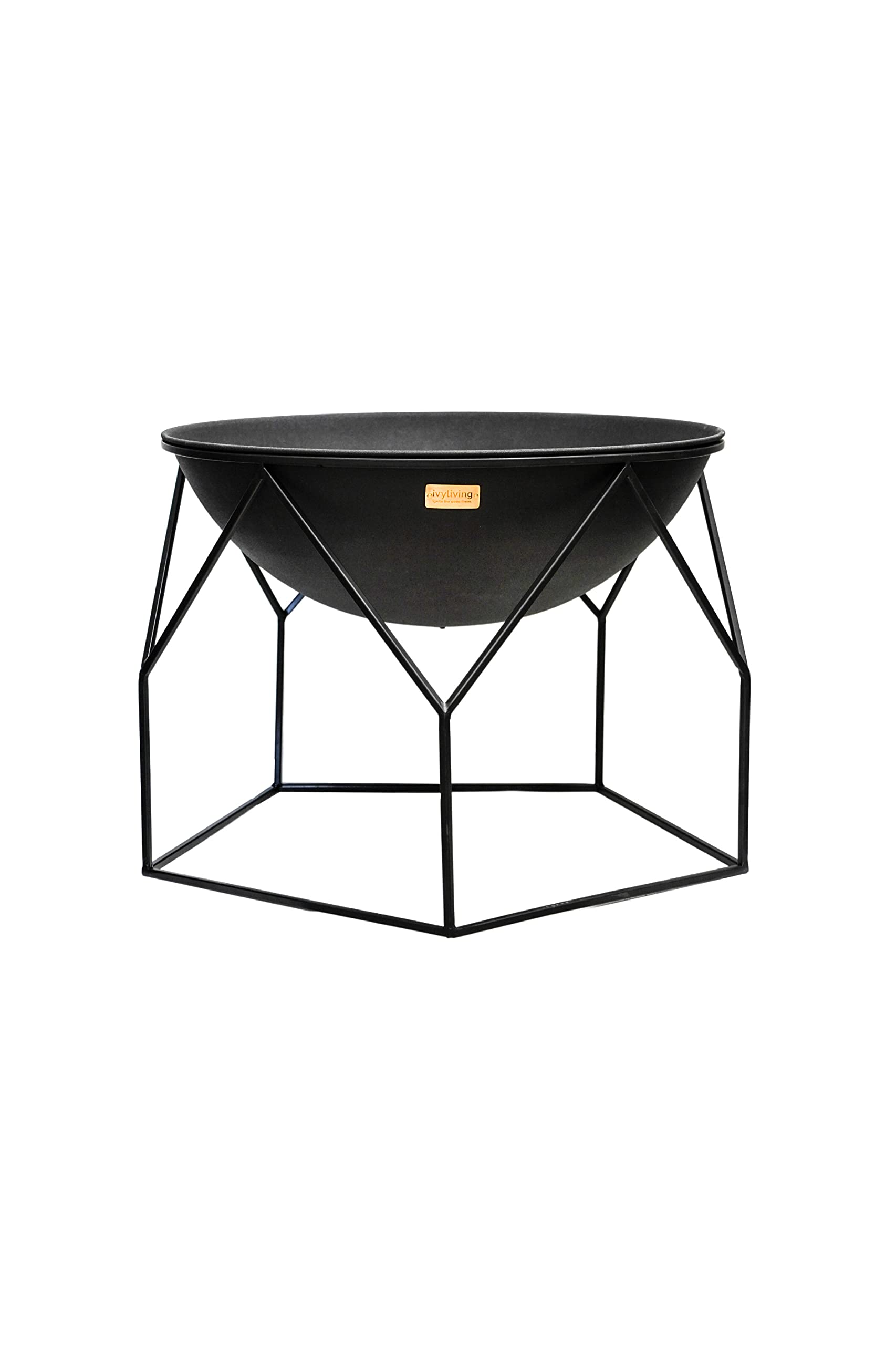 Ivyline Buckingham Firebowl with Geometric Stand in Black - UV Stable, Frost Proof & Durable - Contemporary Stylish Outdoor Firepit - H51cm x W70cm