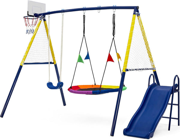 Aptliton Kids Swing set with Metal Frame, Nest Tree and Plastic Single Swing, Basketball Hoop, Slide, Backyard Playground Outdoor Play Frame Toy for children, Over 3 Years Old, Blue and Yellow