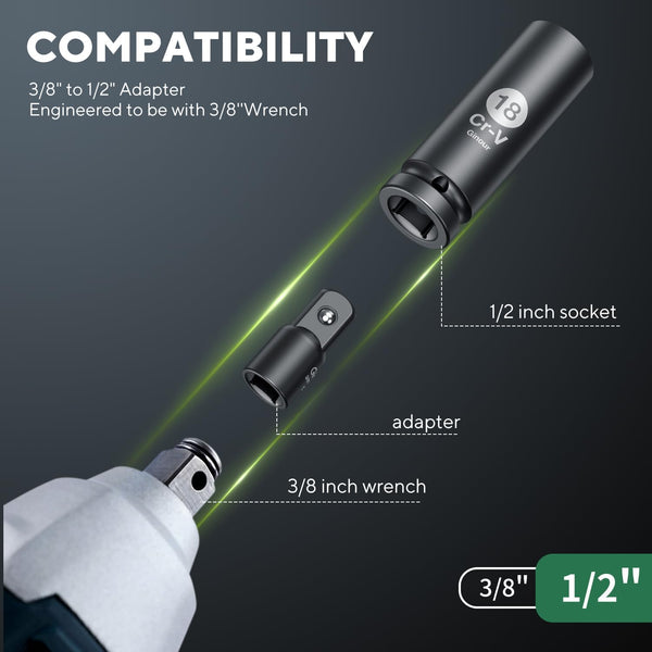Ginour 20PCs Impact Socket Set 1/2 Inch, CR-V Drive Master Deep Impact Socket Set 8mm - 24mm, Metric, 6 Point, with 3pcs Drive Impact Extension Bar Set 3", 5",10"