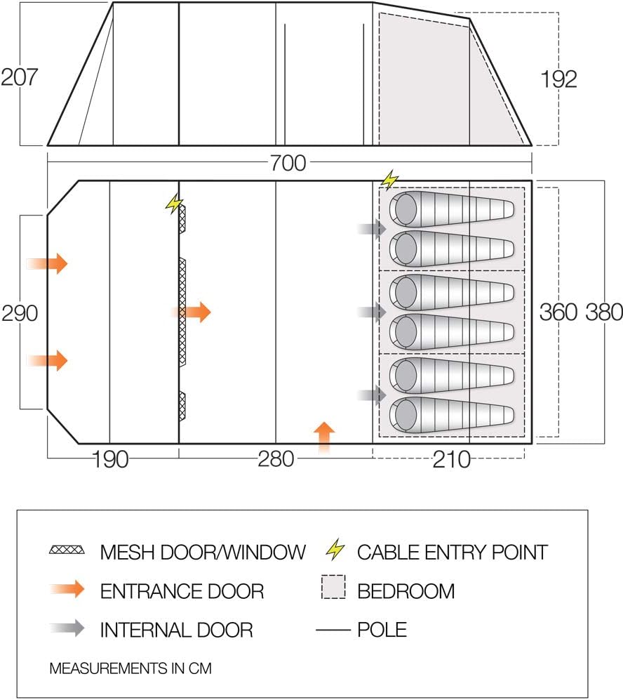 Vango Purbeck 600XL Family Tent [Amazon Exclusive], Large 6 Man Tent with 3 Rooms, Enclosed Porch Area, Double Living Area, Climate Windows - Vivid Grey