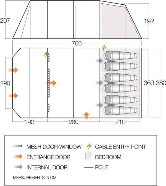 Vango Purbeck 600XL Family Tent [Amazon Exclusive], Large 6 Man Tent with 3 Rooms, Enclosed Porch Area, Double Living Area, Climate Windows - Vivid Grey
