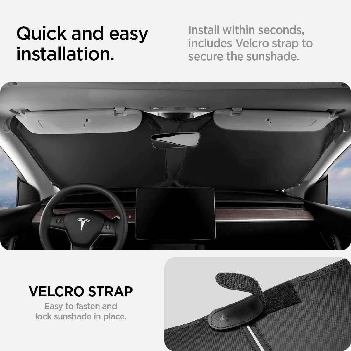 Spigen Tesla Model Y 2025 Juniper and Model 3 Highland 2024 2025 CryoShade Front Windscreen Sunshade, Dual Layered Protection From UV and Heat (Reinforced Velcro Strap), Designed for Tesla Accessories