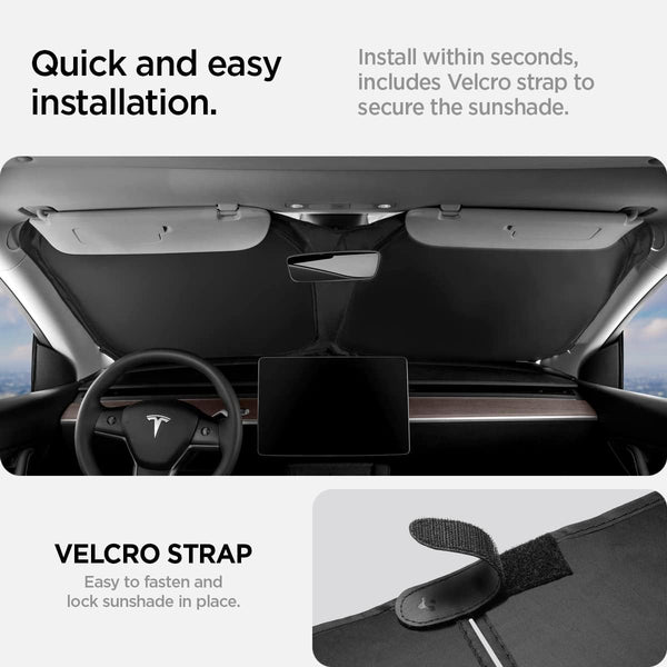 Spigen Tesla Model Y 2025 Juniper and Model 3 Highland 2024 2025 CryoShade Front Windscreen Sunshade, Dual Layered Protection From UV and Heat (Reinforced Velcro Strap), Designed for Tesla Accessories
