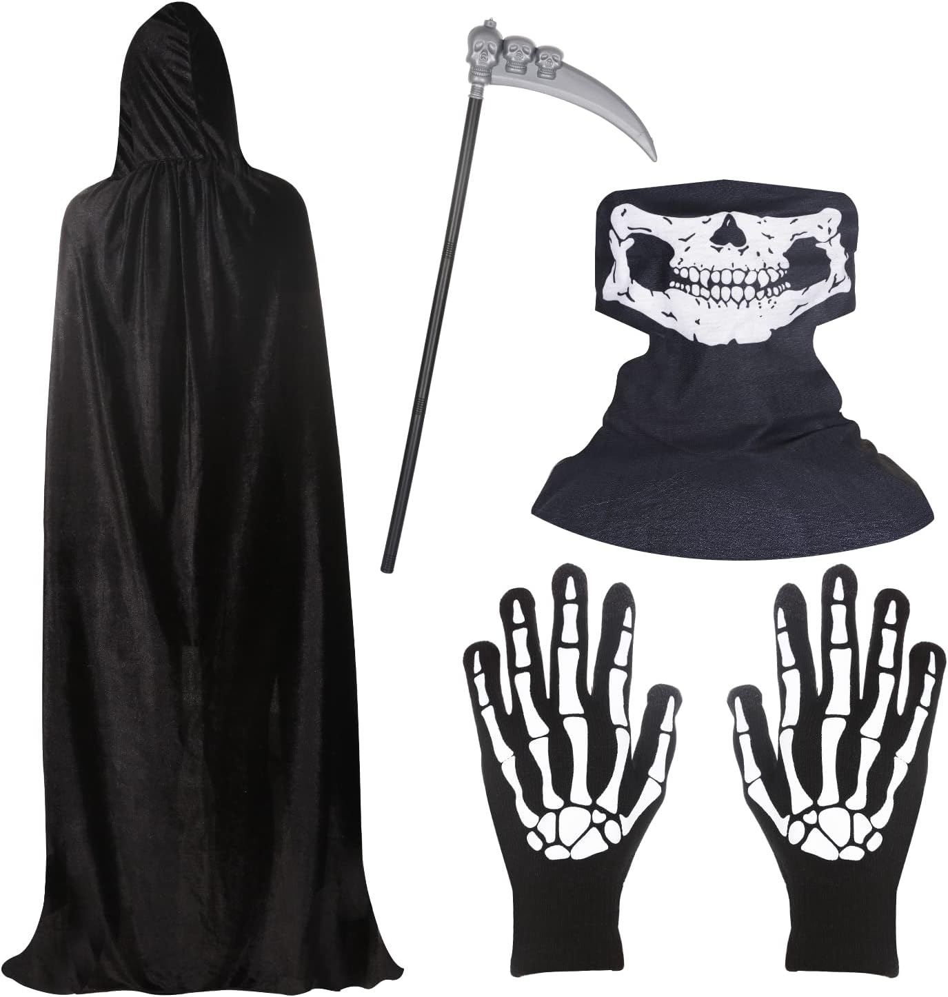 BILLMOSS Halloween Grim Reaper Costume - Hooded Cloak Velvet Black Cloak with Scythe Skull Mask Skeleton Gloves Grim Reaper Party Costumes for Kids