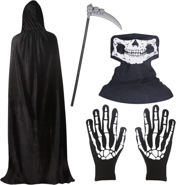BILLMOSS Halloween Grim Reaper Costume - Hooded Cloak Velvet Black Cloak with Scythe Skull Mask Skeleton Gloves Grim Reaper Party Costumes for Kids