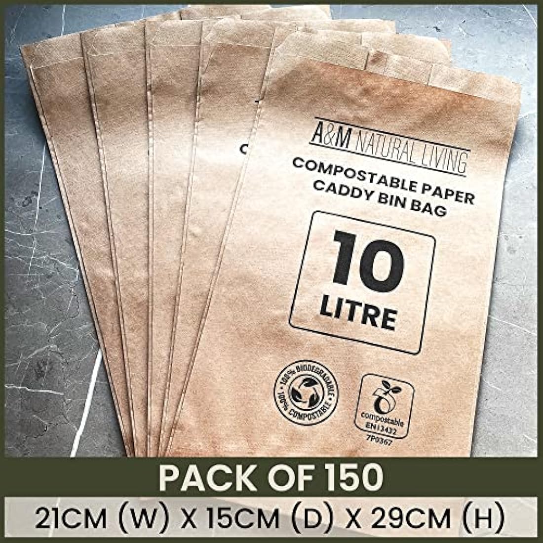 A&M Natural Living 150 x 10 Litre Paper Food Waste Caddy Bin Liners Bags, 100% Compostable And Biodegradable Sustainable Brown Paper Sack Pack, EN13432 Certified (150 Bin Bags)