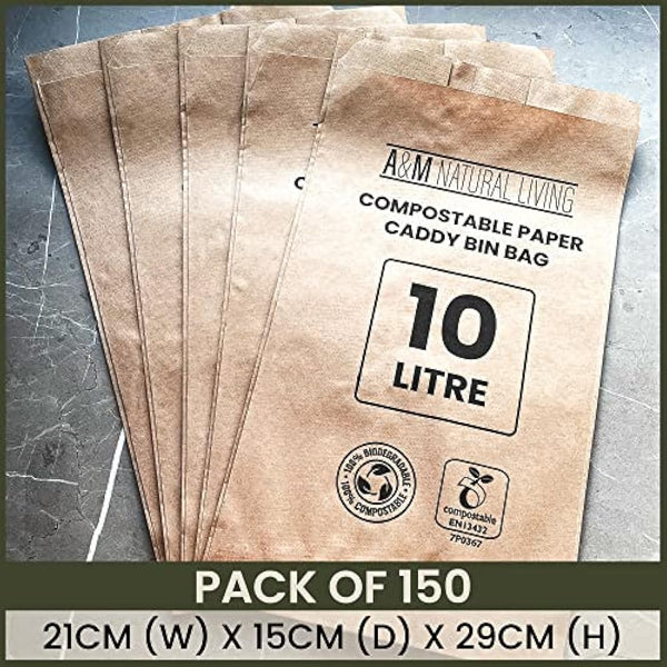A&M Natural Living 150 x 10 Litre Paper Food Waste Caddy Bin Liners Bags, 100% Compostable And Biodegradable Sustainable Brown Paper Sack Pack, EN13432 Certified (150 Bin Bags)