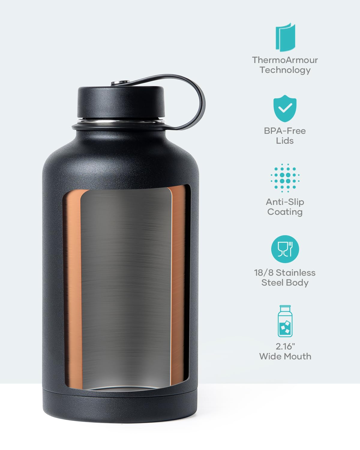 Stainless Steel Water Bottle 2L, BUZIO Vacuum Insulated Water Bottle with Straw Lid and Flex Cap Cold for 48 Hrs, Hot for 24 Hrs Double Wall Wide Mouth BPA Free Leak Proof, Black