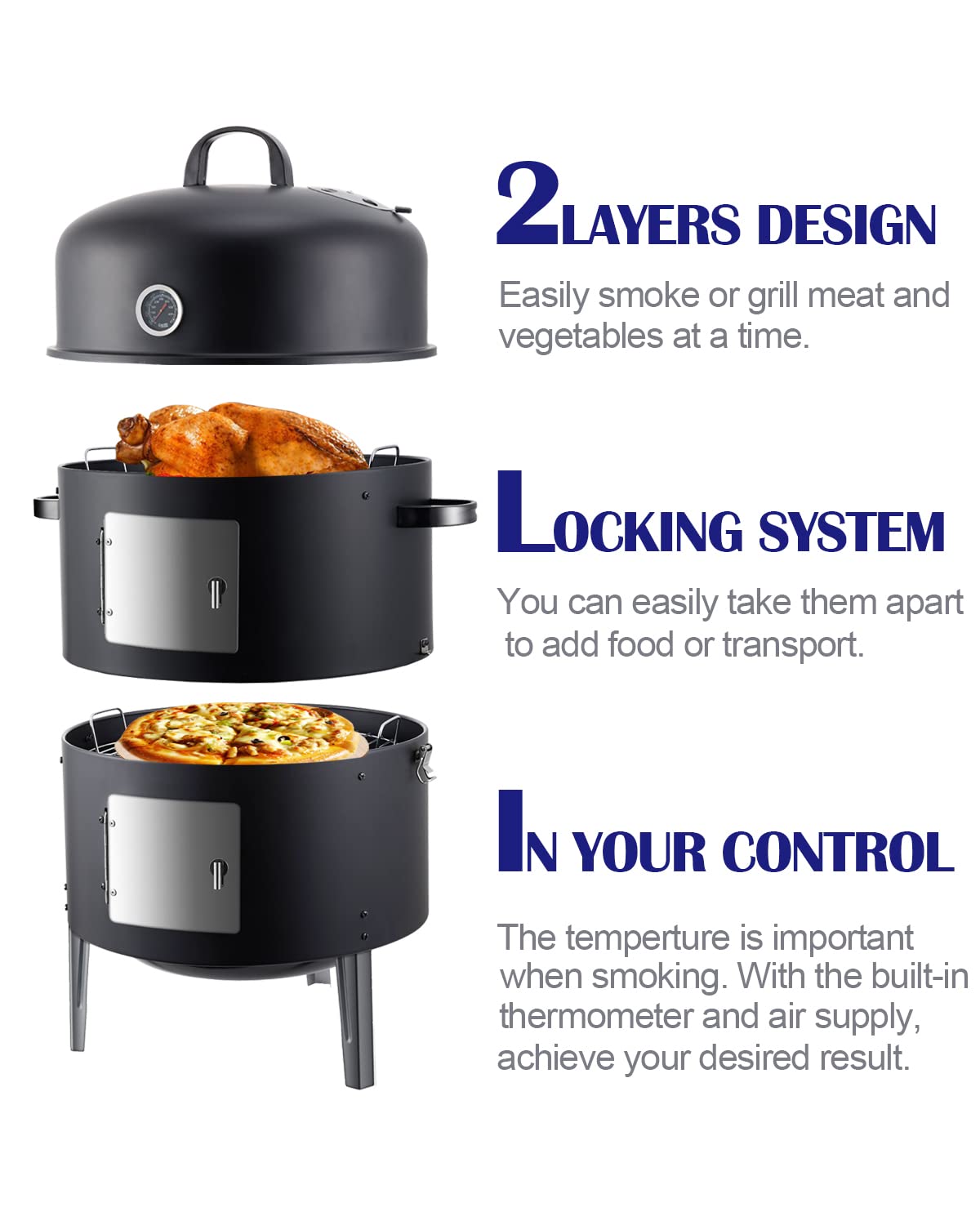 SUNLIFER Charcoal BBQ Grill, Heavy Duty 3-in-1 Barbecue Smoker Grill for Garden Camping Outdoor Cooking and Grilling 89x56x43CM