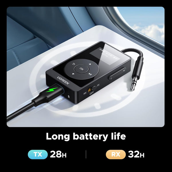 UGREEN Bluetooth 5.3 Transmitter Receiver with aptX, 32H Long Playtime, Dual Connection, Mic for Calls, 2-in-1 Bluetooth Adapter for Airplane, Car, TV, Headphone, Airpods, Speaker