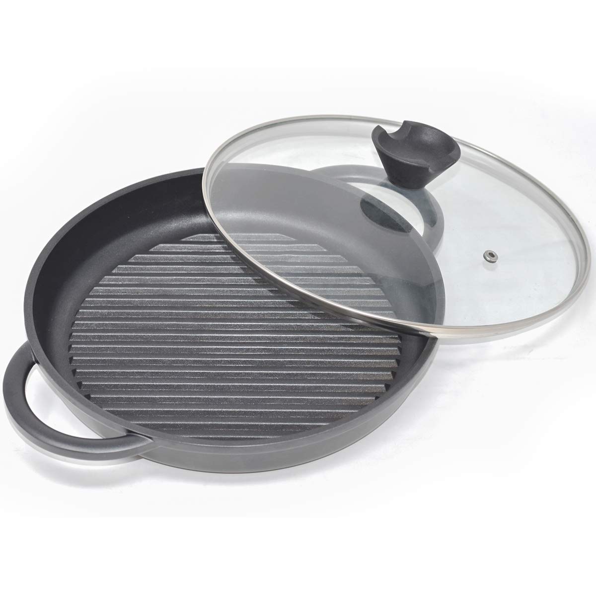 Joejis Non-Stick Induction Grill Pan - Round Cast Aluminium 27 cm - Glass Lid - Steak Fry Pan BBQ Pans PFOA Free
