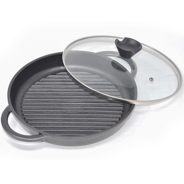 Joejis Non-Stick Induction Grill Pan - Round Cast Aluminium 27 cm - Glass Lid - Steak Fry Pan BBQ Pans PFOA Free